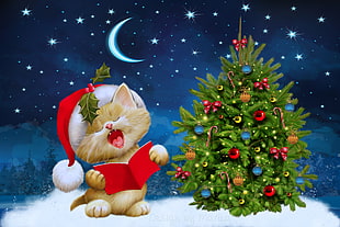 orange tabby cat singing beside a Christmas tree illustration