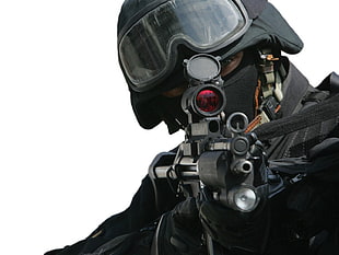 character holding sniper digital wallpaper, police