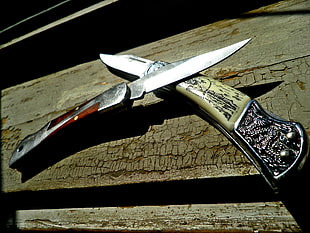 two gray metal pocket knives, knife, weapon