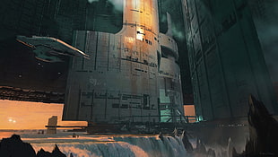 gray space ship, science fiction, space, spaceship, waterfall