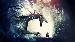 gray dragon wallpaper, creature, fantasy art, dragon, trees