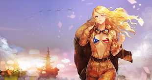female soldier digital wallpaper, blonde, airplane, ship, goggles