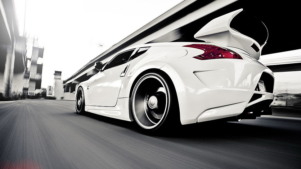 white coupe, car, Nissan, Nissan 370Z, motion blur HD wallpaper