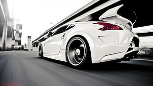 white coupe, car, Nissan, Nissan 370Z, motion blur