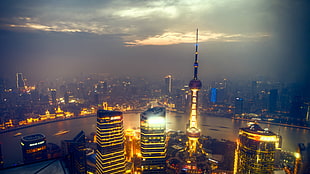 lighted tower photo, urban, Shanghai, city, building
