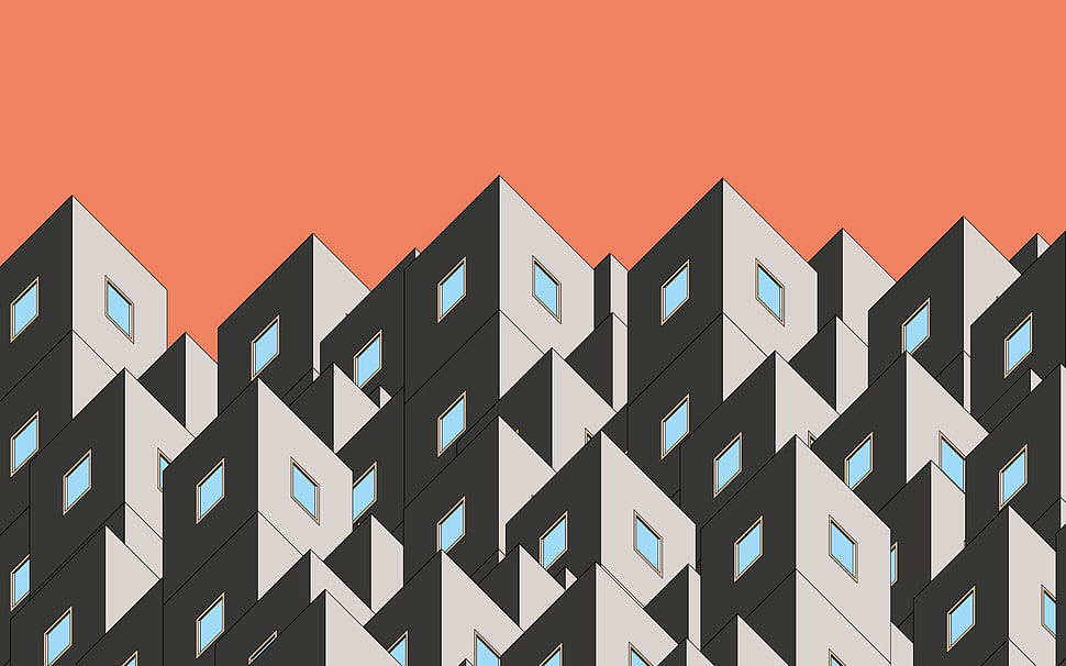 grey and blue high-rise building illustration HD wallpaper