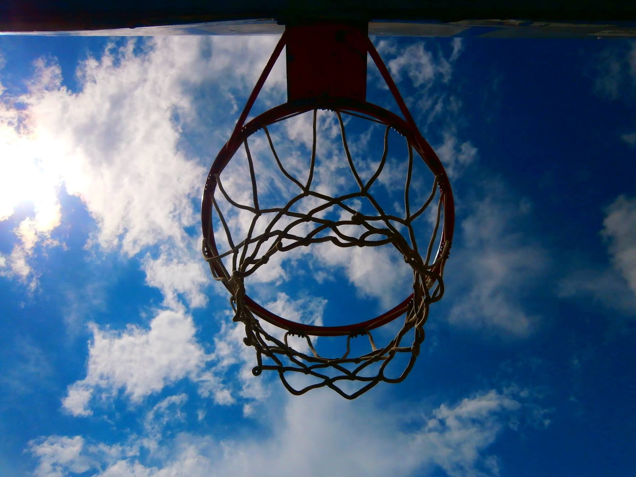 black basketball hoop, basketball, clouds, sky