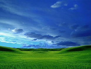 green grass field, window, hills, grass, sky HD wallpaper