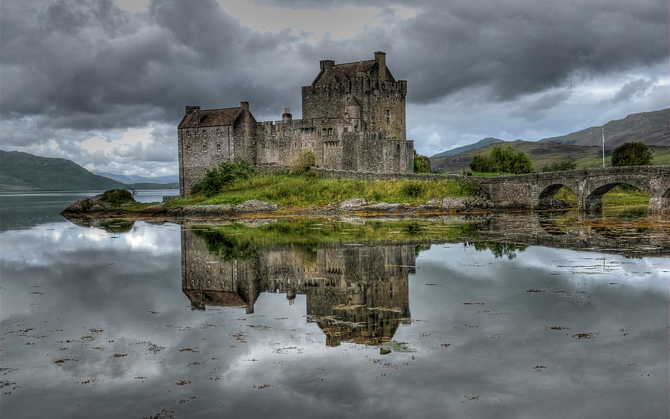 gray stone castle, building, HDR, lake, Scotland HD wallpaper