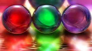 purple, red, and green glass balls, balls, colorful HD wallpaper