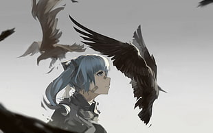 long haired female anime character, Vocaloid, Hatsune Miku, birds, crow