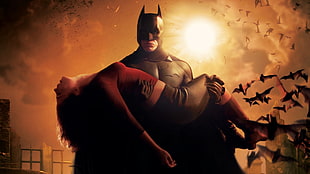 Batman carrying unconscious woman digital wallpaper
