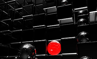 red ball on black room HD wallpaper