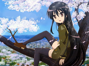 black haired woman from anime sitting on tree