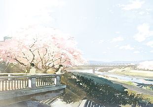 pink leaf trees painting, cherry blossom, river, bridge, anime