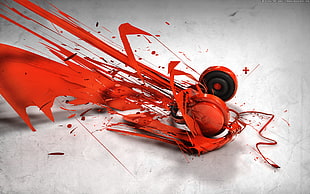 red headphones with paint wallpaper, music, headphones, red, digital art