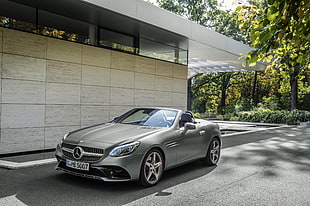 silver Mercedes-Benz convertible coupe on road