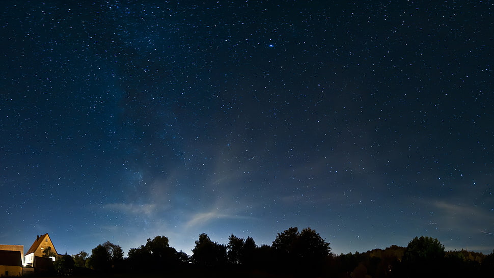 starry sky, sky, horizon, clouds, night HD wallpaper