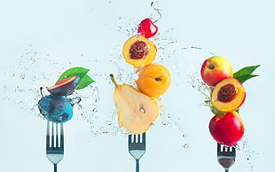 three stainless steel forks, fork, fruit, water, food