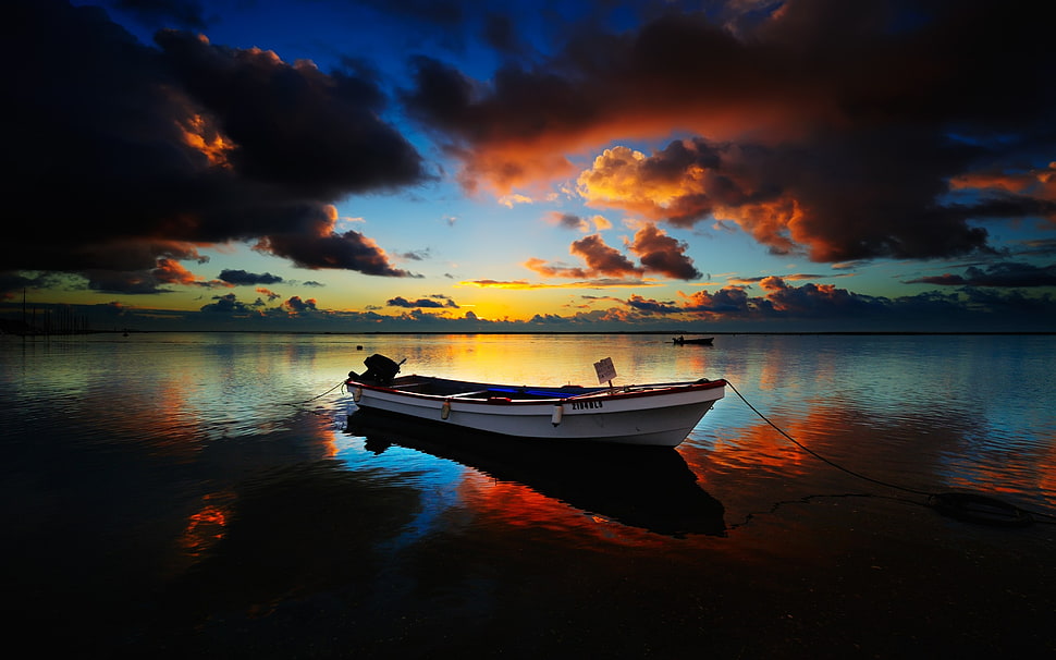 white canoe, landscape, nature, boat, sunset HD wallpaper