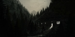 wooden house, Antichristofer, mountains, rain, digital art