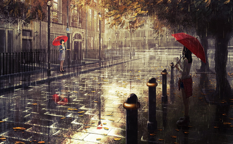 woman holding red umbrella standing along the way during rainy day HD wallpaper