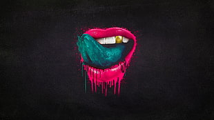 pink human lips and green tongue painting HD wallpaper
