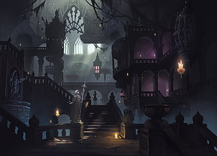 castle interior illustration, anime, castle, stairs