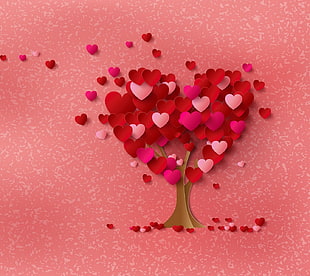pink and red heart tree wall decor, nature, love HD wallpaper