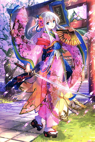 white haired female anime character, Fuji Choko, original characters, kimono, flowers HD wallpaper