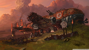 painting of wrecked airplane, Warhammer 40,000, airplane, orcs, artwork