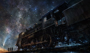 silhouette of kids over black train under stars HD wallpaper