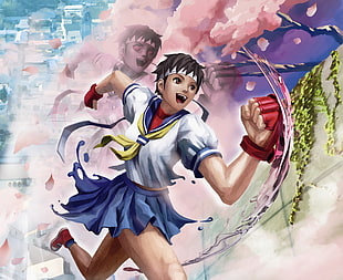 digital wallpaper of Street Fighter character in white and blue uniform