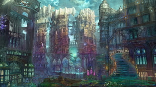high rise structures painting, anime, staircase