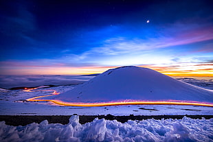 ice mountain, landscape, road, sunset, snow