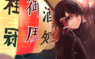 beige and black illustration of anime girl near lanterns