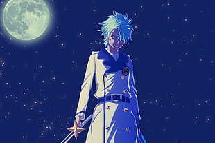 male anime character wearing white 2-breasted long-sleeve suit during night time