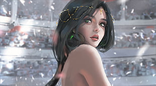black haired female digital artwork by WLOP, WLOP, black hair, Ghostblade, green  eyes