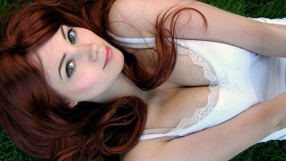 women's white nighties, model, women, cleavage, redhead HD wallpaper