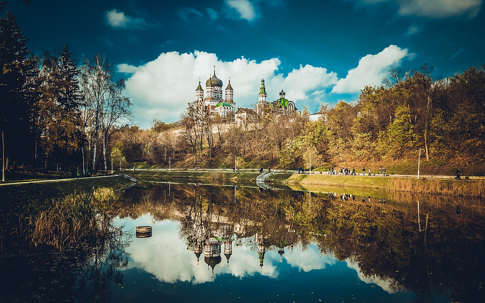 white and brown cathedral, nature, river, trees, reflection HD wallpaper