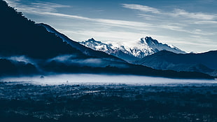 snow covered moutain, Mountains, Fog, Sky