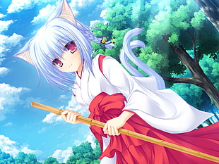 female anime fox wearing white and red kimuno near green tree digital wallpaper HD wallpaper