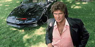 men's pink dress shirt and black leather jacket, sports car, Pontiac, Knight Rider, K.I.T.T.