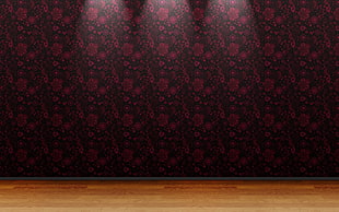 red and black floral curtain, wall