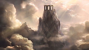 gray rock formation surrounded by gray clouds digital wallpaper, sky, artwork, God of War, video games