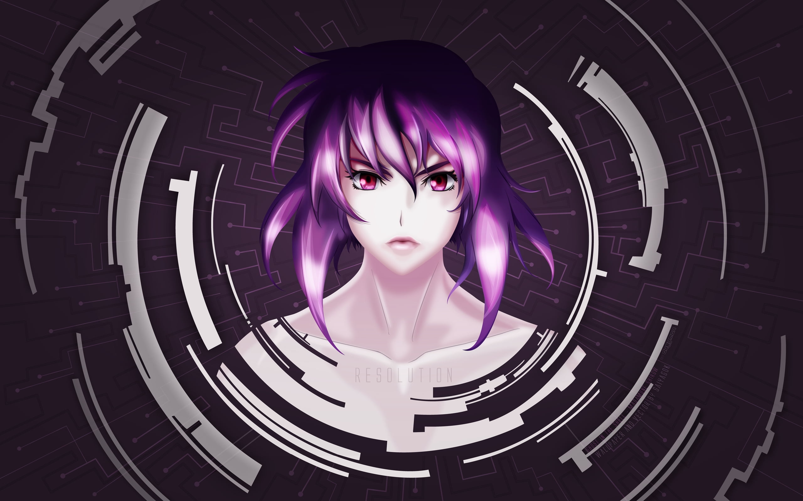 purple haired anime character illustration