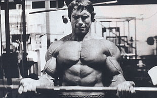 grayscale photo of body builder man, Arnold Schwarzenegger, bodybuilding, Bodybuilder, barbell