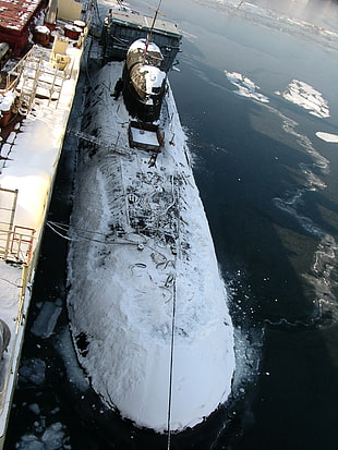 white submarine, submarine, ice, vehicle, military