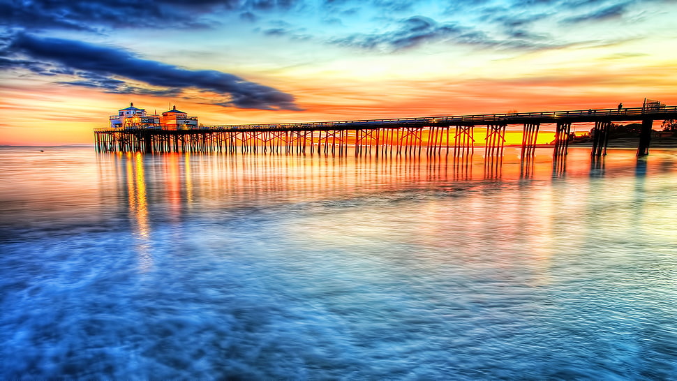 body of water, landscape, pier, sea, sunset HD wallpaper