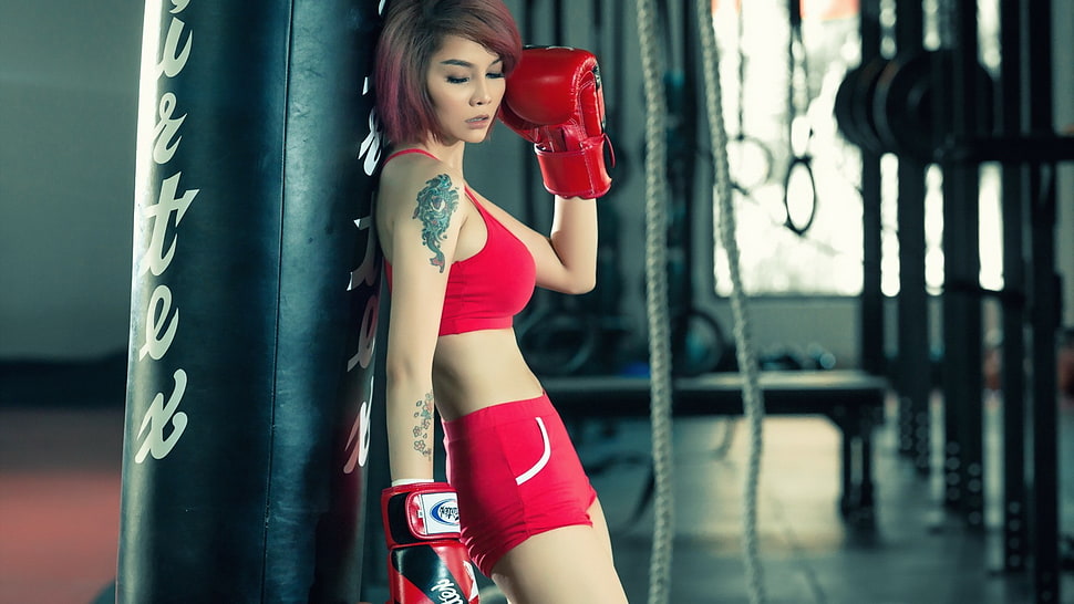 women's red sportswear, sports bra, Asian, boxing HD wallpaper
